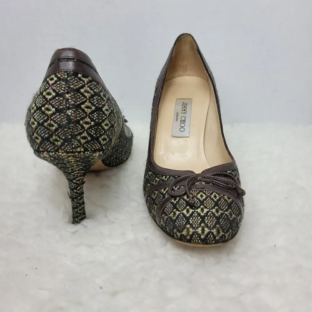 Jimmy Choo Womens Shoes  Size 9 Brown Leather Tweed Bow Pumps Heel